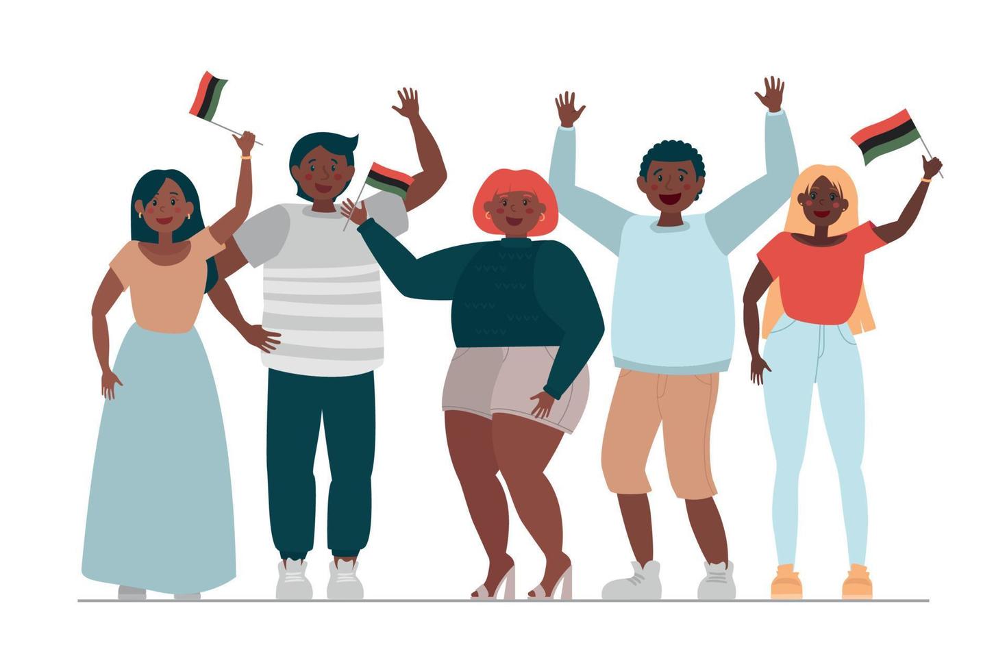 zwart verschillend mensen vieren juneteenth nationaal onafhankelijkheid dag. optocht met vlaggen. vlak modern vector illustratie.