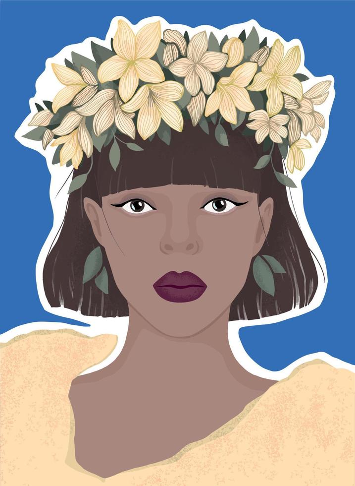 vrouw in een krans van geel bloemen Aan een blauw achtergrond. vlak modern illustratie. voor poster, tijdschrift omslag, boek, ansichtkaart. vector