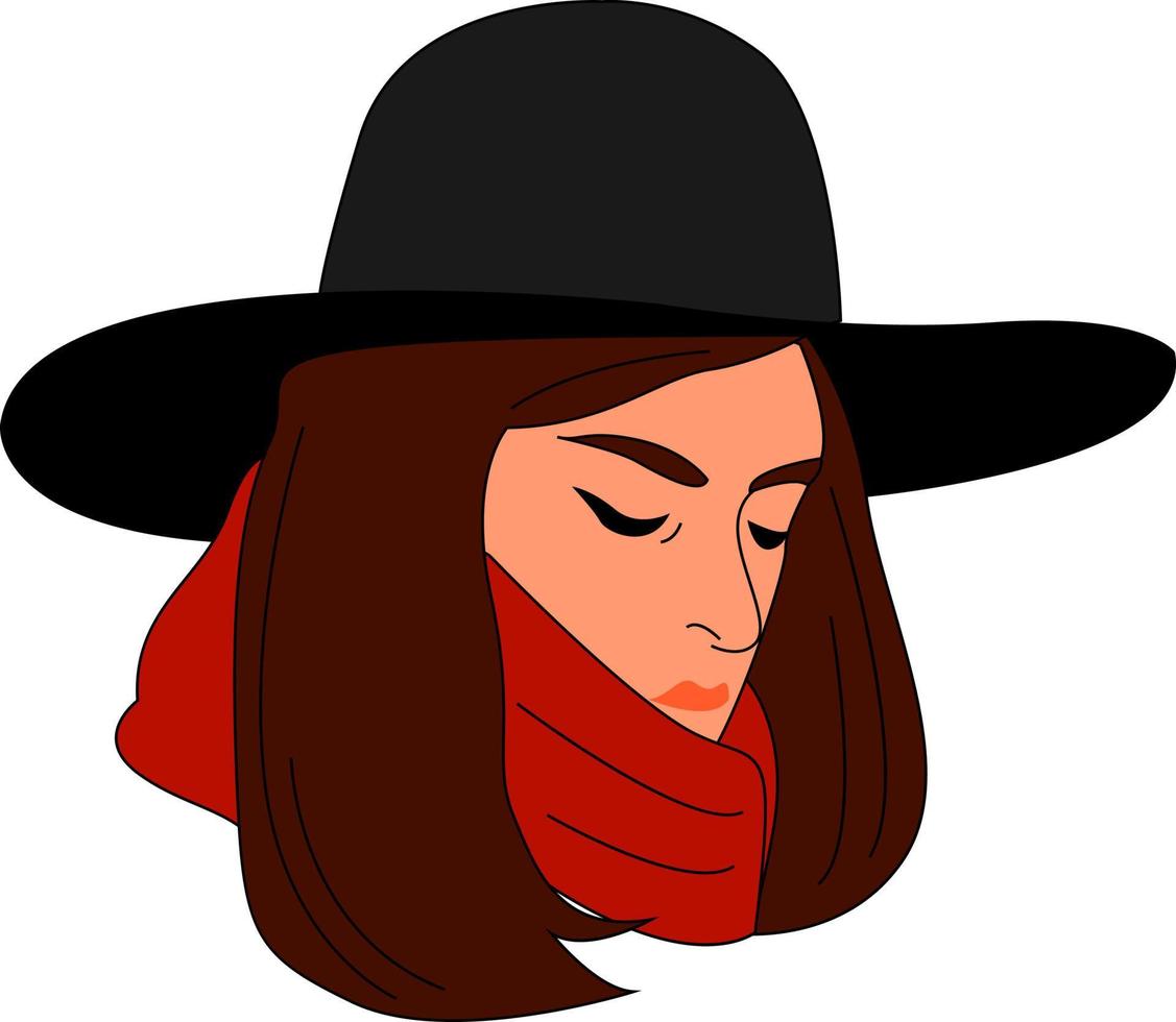 meisje met zwart hoed, illustratie, vector Aan wit achtergrond.