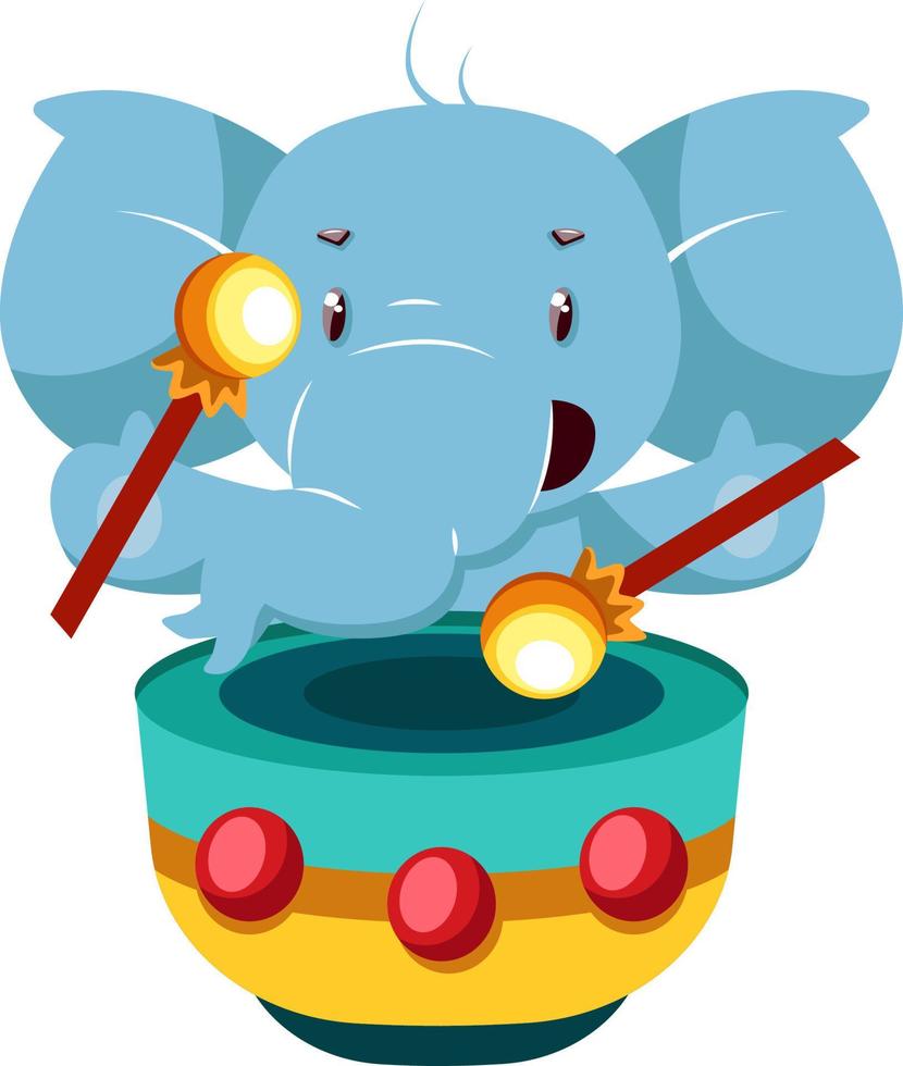 olifant met trommels, illustratie, vector Aan wit achtergrond.