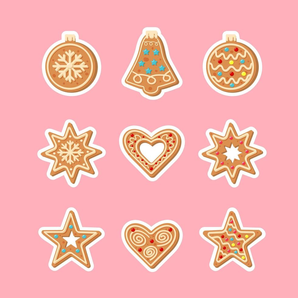 Kerstmis peperkoek sticker set. nieuw jaar decoratief geglazuurd koekjes zo net zo ballen, klok, sneeuwvlokken, harten en sterren. vector