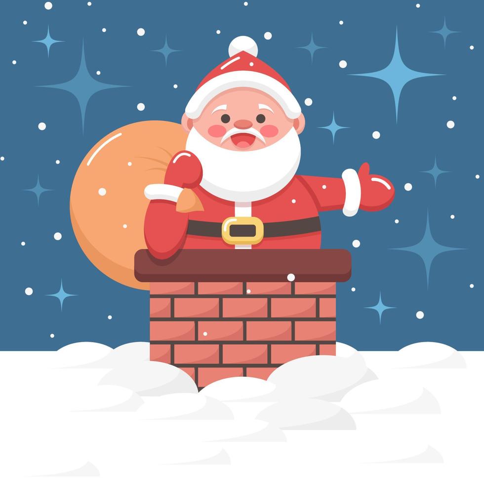 vector illustratie van de kerstman claus met een zak van cadeaus in de schoorsteen Aan de dak