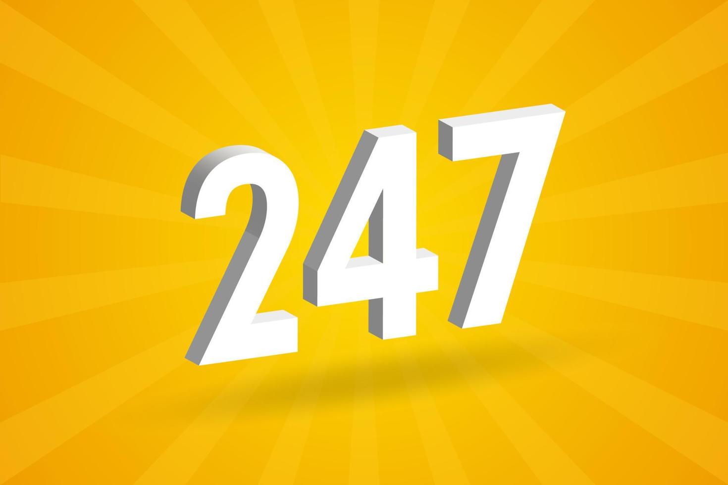 3d 247 aantal doopvont alfabet. wit 3d aantal 247 met geel achtergrond vector