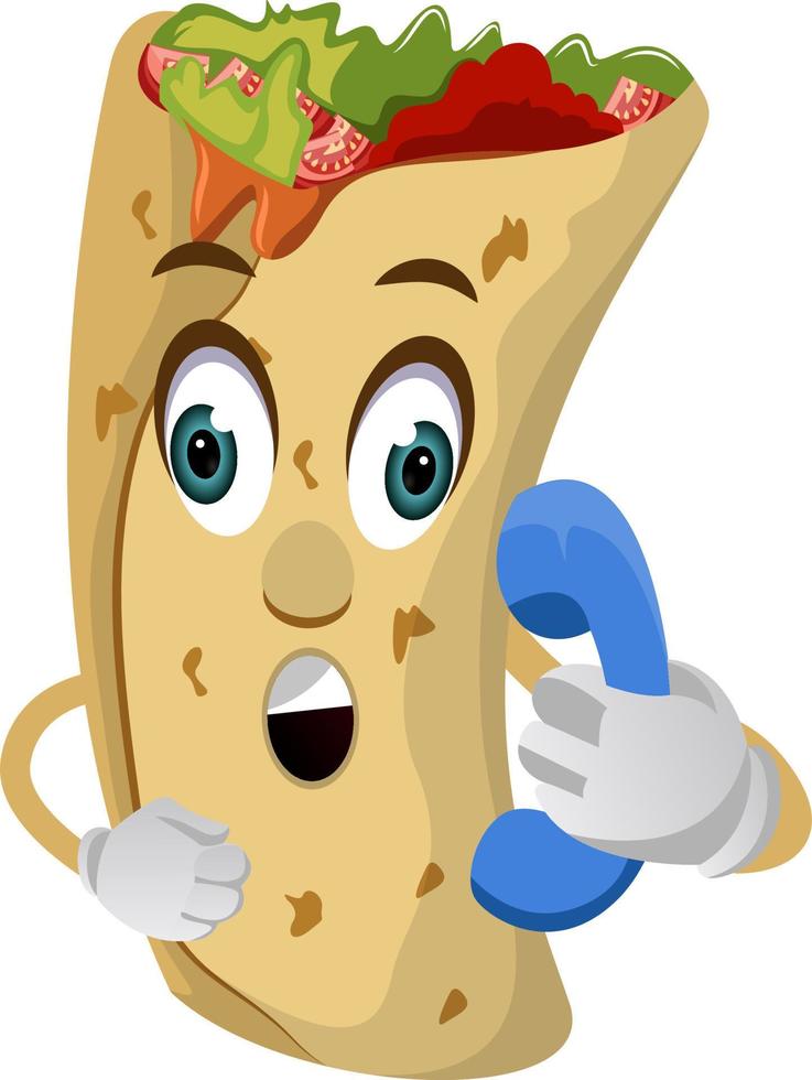 burrito met telefoon, illustratie, vector Aan wit achtergrond.