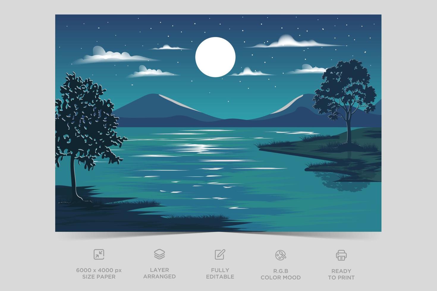 nacht rivier- visie landschap ontwerp natuur tafereel vlak ontwerp achtergrond sjabloon vector illustratie