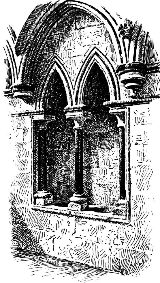 piscina in ochtend- kapel kathedraal, lincoln, viering, wijnoogst gravure. vector