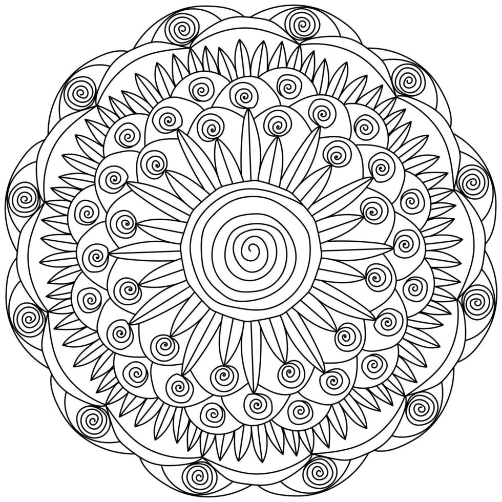 contour mandala van spiraal krullen en een groot spiraal in de centrum, meditatief kleur bladzijde met overladen patronen vector