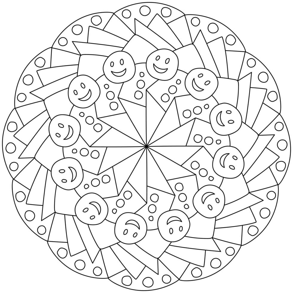 schets mandala met emoticons en trossen van bloemblaadjes, kleur bladzijde met gemakkelijk patronen vector