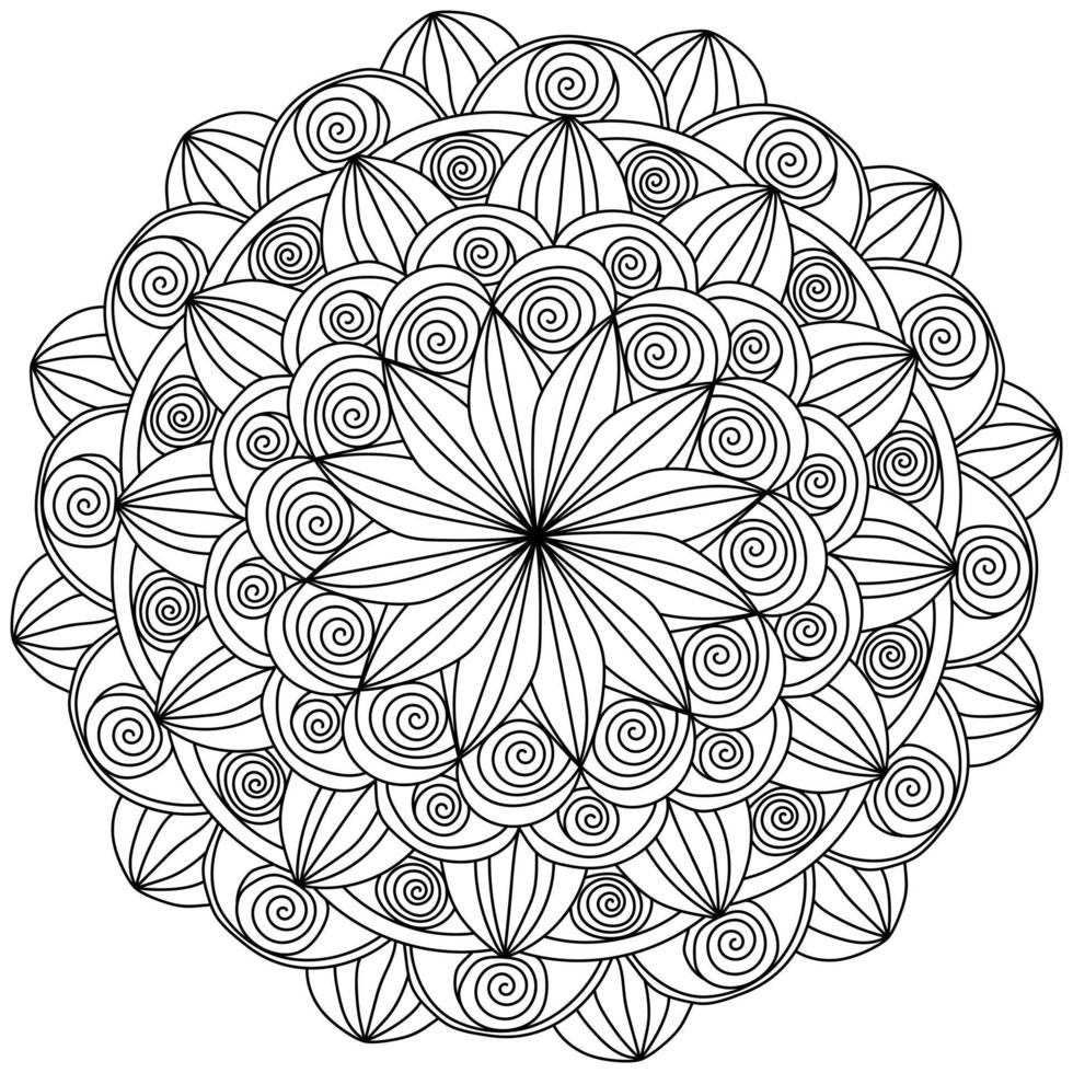 mandala met spiraal krullen en een bloem in de centrum, meditatief kleur bladzijde met overladen patronen vector