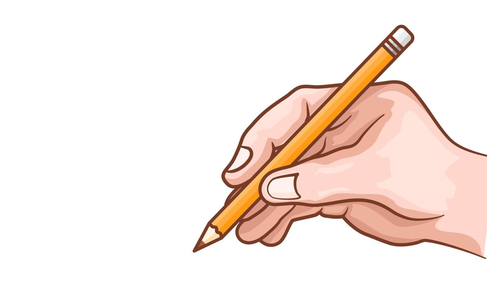hand- Holding een potlood schrijven Aan een wit achtergrond. vector illustratie.