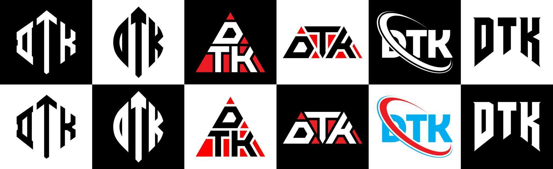 dtk brief logo ontwerp in zes stijl. dtk veelhoek, cirkel, driehoek, zeshoek, vlak en gemakkelijk stijl met zwart en wit kleur variatie brief logo reeks in een tekengebied. dtk minimalistische en klassiek logo vector