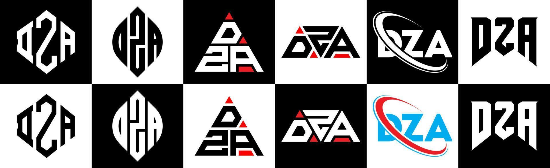 dza brief logo ontwerp in zes stijl. dza veelhoek, cirkel, driehoek, zeshoek, vlak en gemakkelijk stijl met zwart en wit kleur variatie brief logo reeks in een tekengebied. dza minimalistische en klassiek logo vector