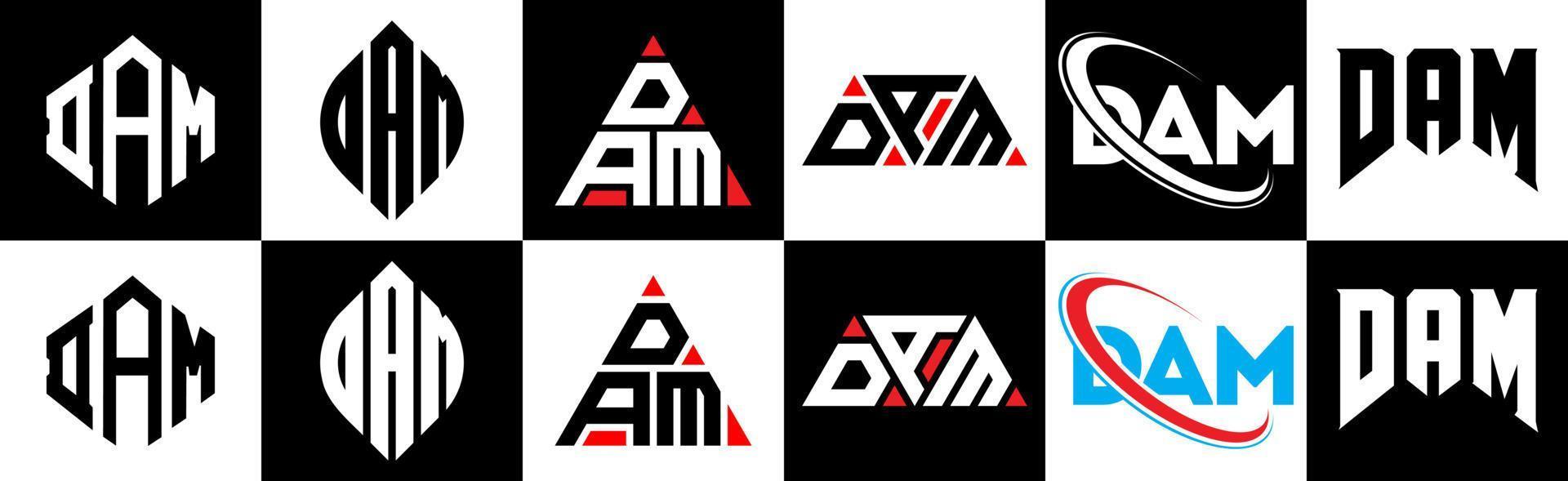 dam brief logo ontwerp in zes stijl. dam veelhoek, cirkel, driehoek, zeshoek, vlak en gemakkelijk stijl met zwart en wit kleur variatie brief logo reeks in een tekengebied. dam minimalistische en klassiek logo vector