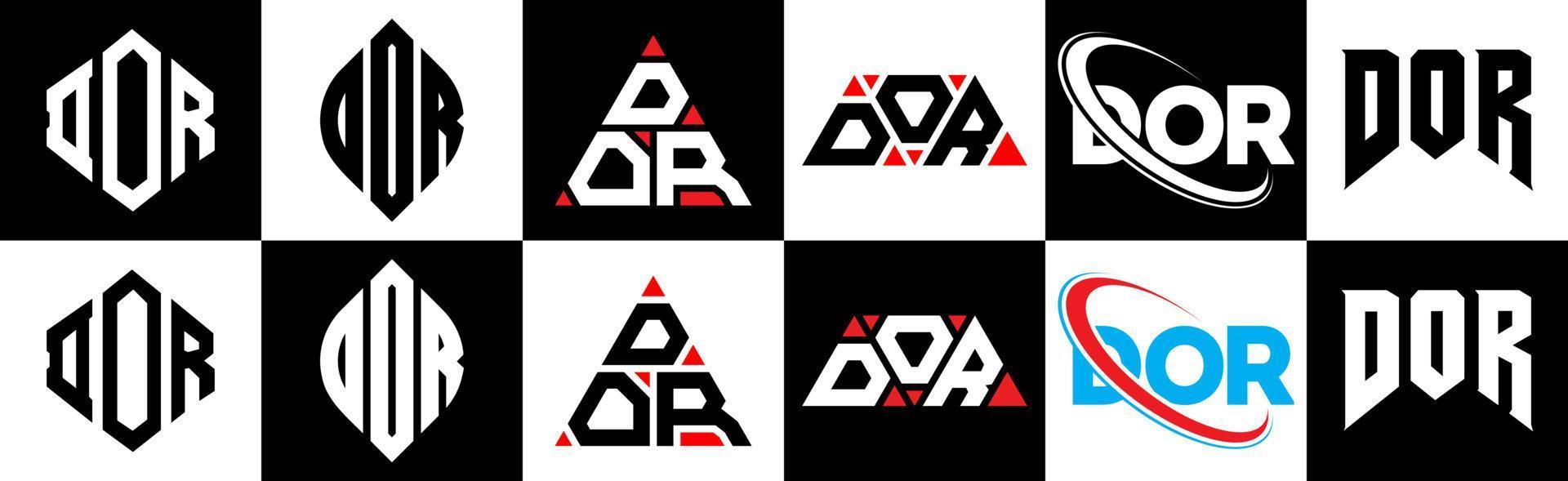 dor brief logo ontwerp in zes stijl. dor veelhoek, cirkel, driehoek, zeshoek, vlak en gemakkelijk stijl met zwart en wit kleur variatie brief logo reeks in een tekengebied. dor minimalistische en klassiek logo vector