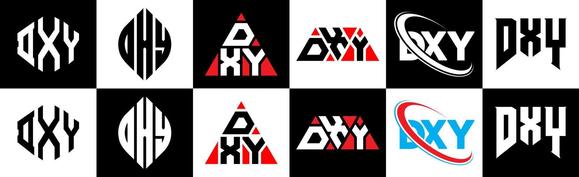 dxy brief logo ontwerp in zes stijl. dxy veelhoek, cirkel, driehoek, zeshoek, vlak en gemakkelijk stijl met zwart en wit kleur variatie brief logo reeks in een tekengebied. dxy minimalistische en klassiek logo vector