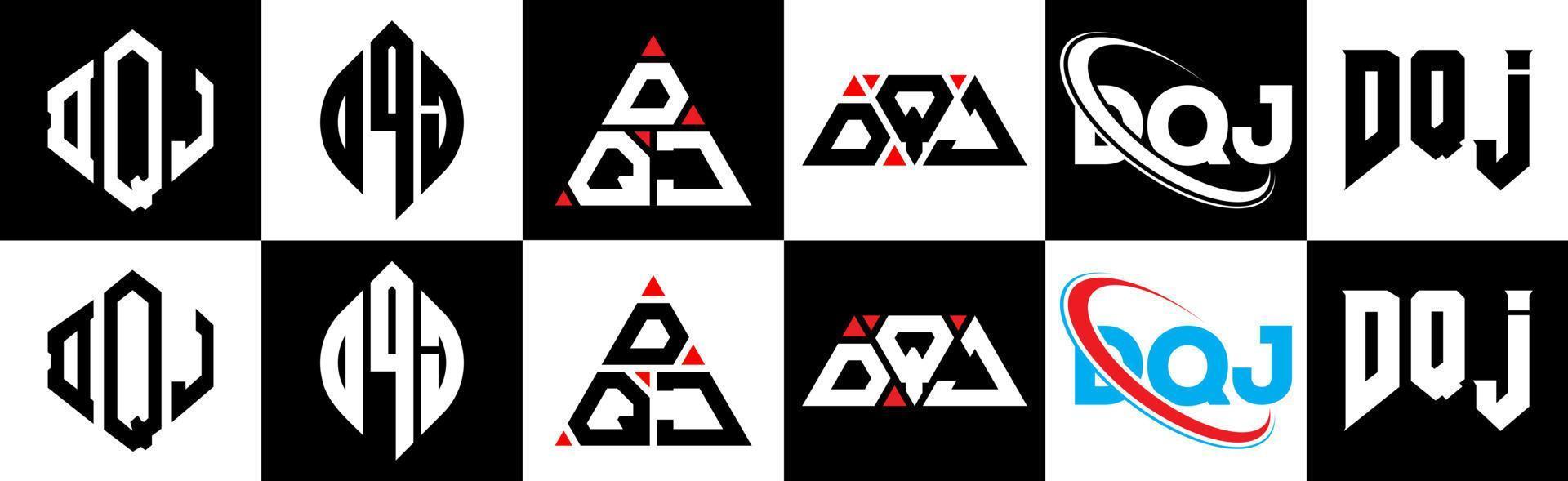 dqj brief logo ontwerp in zes stijl. dqj veelhoek, cirkel, driehoek, zeshoek, vlak en gemakkelijk stijl met zwart en wit kleur variatie brief logo reeks in een tekengebied. dqj minimalistische en klassiek logo vector