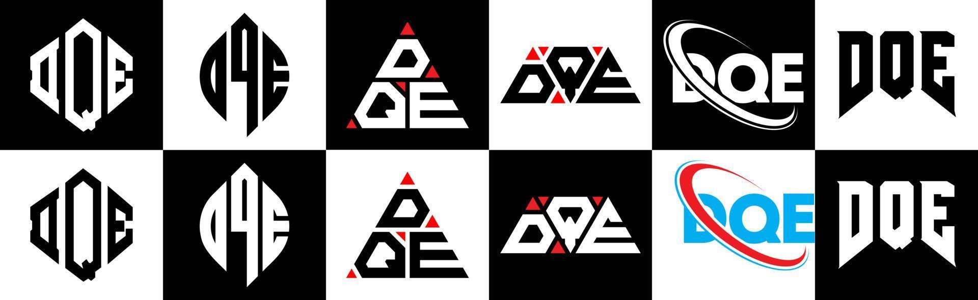 dqe brief logo ontwerp in zes stijl. dqe veelhoek, cirkel, driehoek, zeshoek, vlak en gemakkelijk stijl met zwart en wit kleur variatie brief logo reeks in een tekengebied. dqe minimalistische en klassiek logo vector