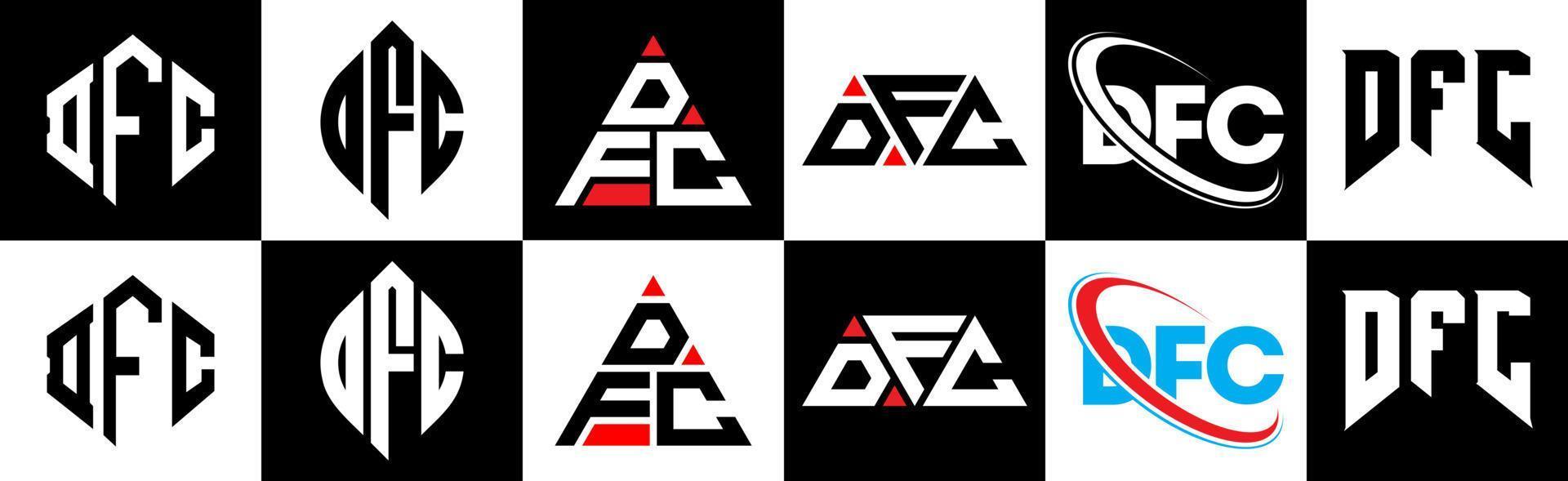 dfc brief logo ontwerp in zes stijl. dfc veelhoek, cirkel, driehoek, zeshoek, vlak en gemakkelijk stijl met zwart en wit kleur variatie brief logo reeks in een tekengebied. dfc minimalistische en klassiek logo vector