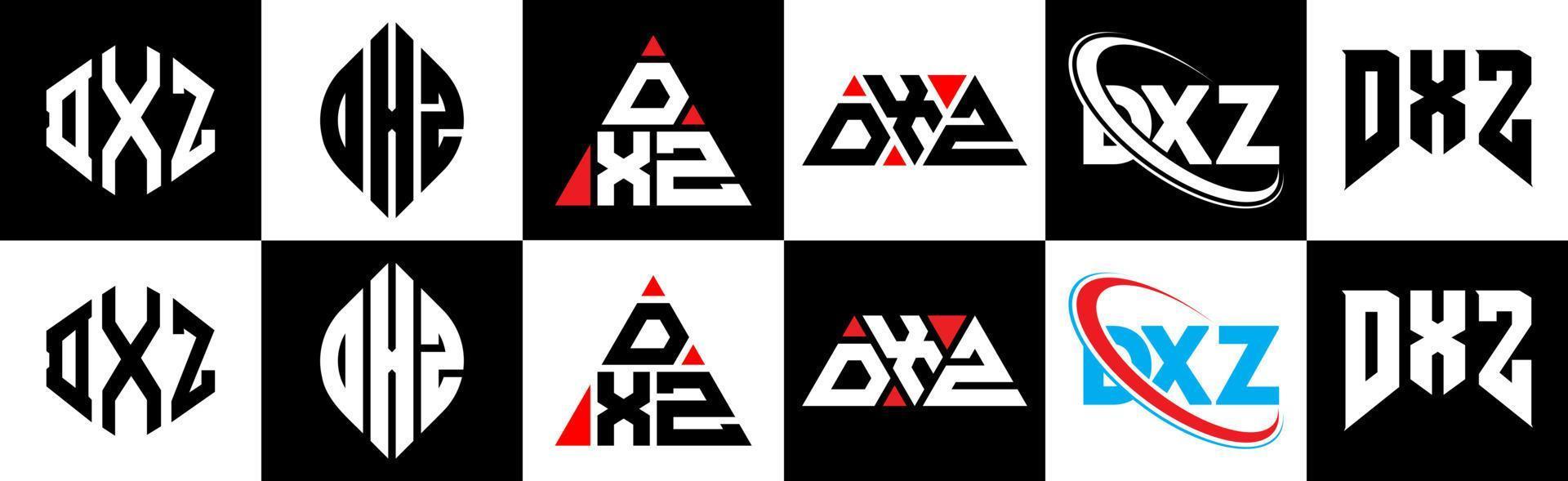 dxz brief logo ontwerp in zes stijl. dxz veelhoek, cirkel, driehoek, zeshoek, vlak en gemakkelijk stijl met zwart en wit kleur variatie brief logo reeks in een tekengebied. dxz minimalistische en klassiek logo vector
