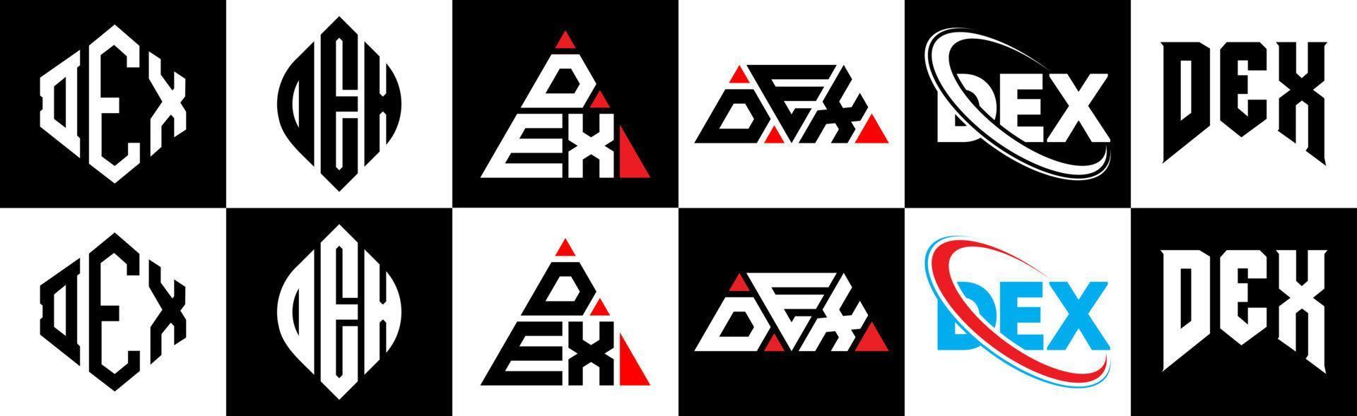 dex brief logo ontwerp in zes stijl. dex veelhoek, cirkel, driehoek, zeshoek, vlak en gemakkelijk stijl met zwart en wit kleur variatie brief logo reeks in een tekengebied. dex minimalistische en klassiek logo vector