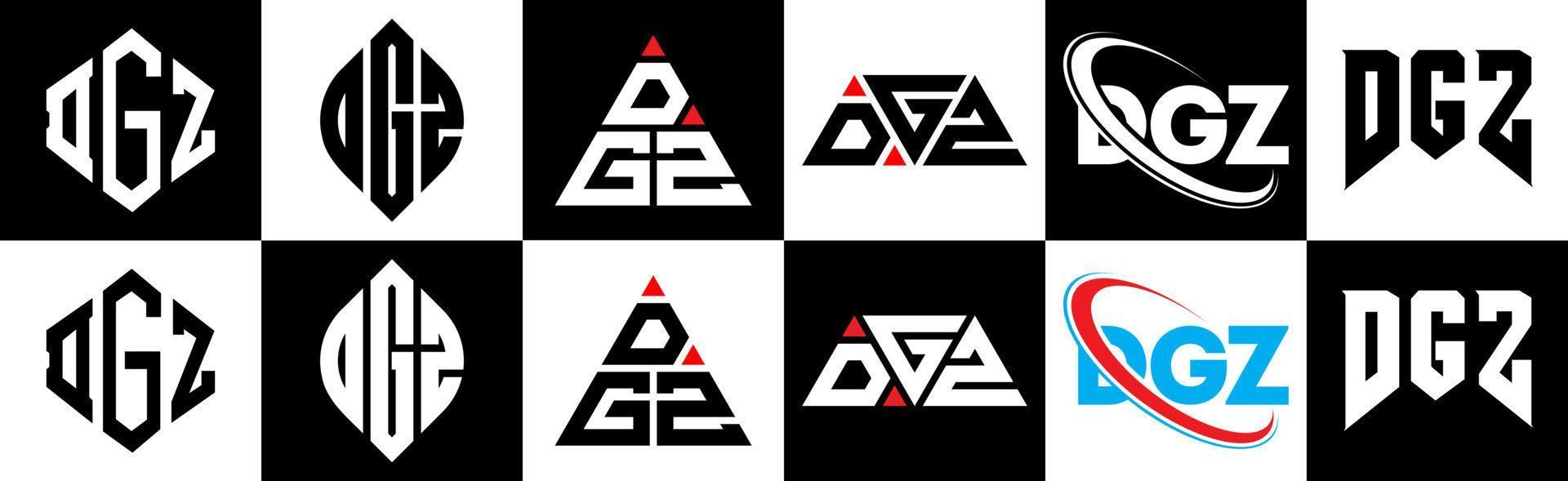 dgz brief logo ontwerp in zes stijl. dgz veelhoek, cirkel, driehoek, zeshoek, vlak en gemakkelijk stijl met zwart en wit kleur variatie brief logo reeks in een tekengebied. dgz minimalistische en klassiek logo vector