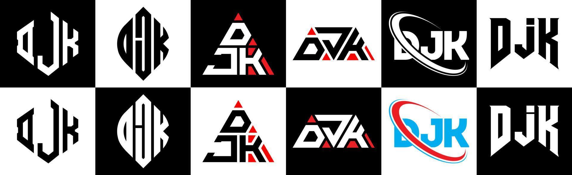 djk brief logo ontwerp in zes stijl. djk veelhoek, cirkel, driehoek, zeshoek, vlak en gemakkelijk stijl met zwart en wit kleur variatie brief logo reeks in een tekengebied. djk minimalistische en klassiek logo vector