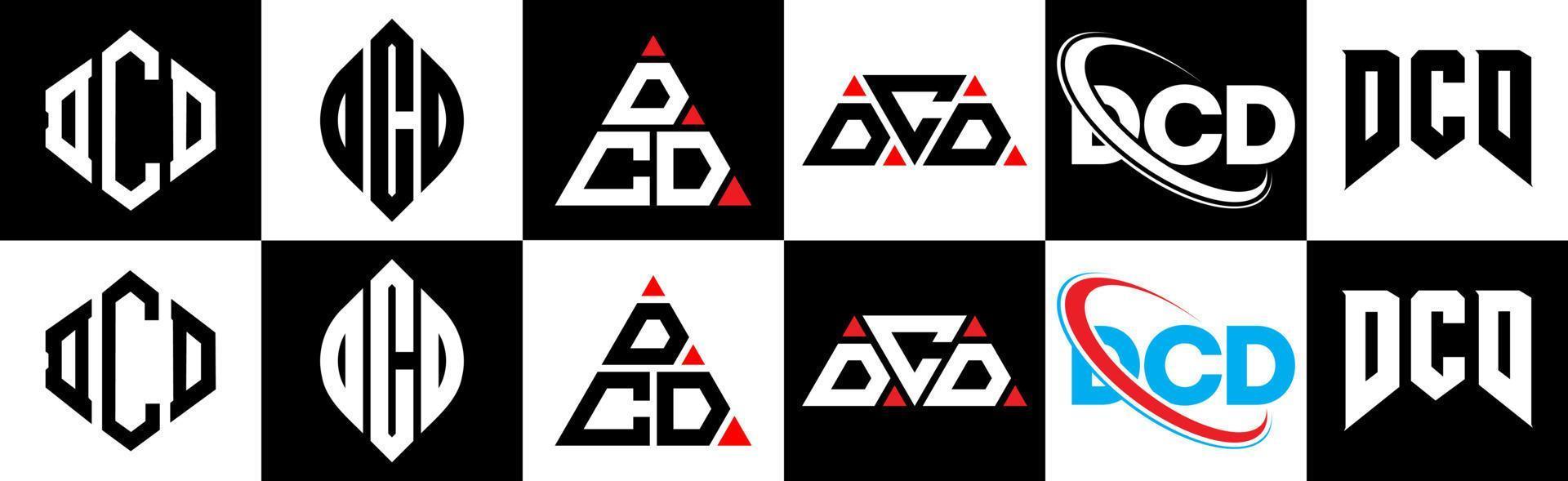 dcd brief logo ontwerp in zes stijl. dcd veelhoek, cirkel, driehoek, zeshoek, vlak en gemakkelijk stijl met zwart en wit kleur variatie brief logo reeks in een tekengebied. dcd minimalistische en klassiek logo vector