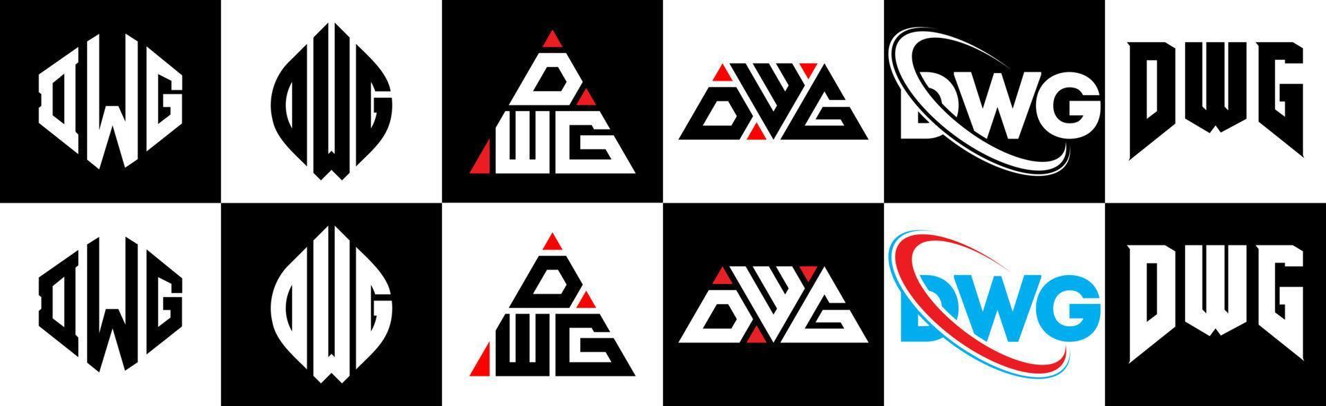 dwg brief logo ontwerp in zes stijl. dwg veelhoek, cirkel, driehoek, zeshoek, vlak en gemakkelijk stijl met zwart en wit kleur variatie brief logo reeks in een tekengebied. dwg minimalistische en klassiek logo vector