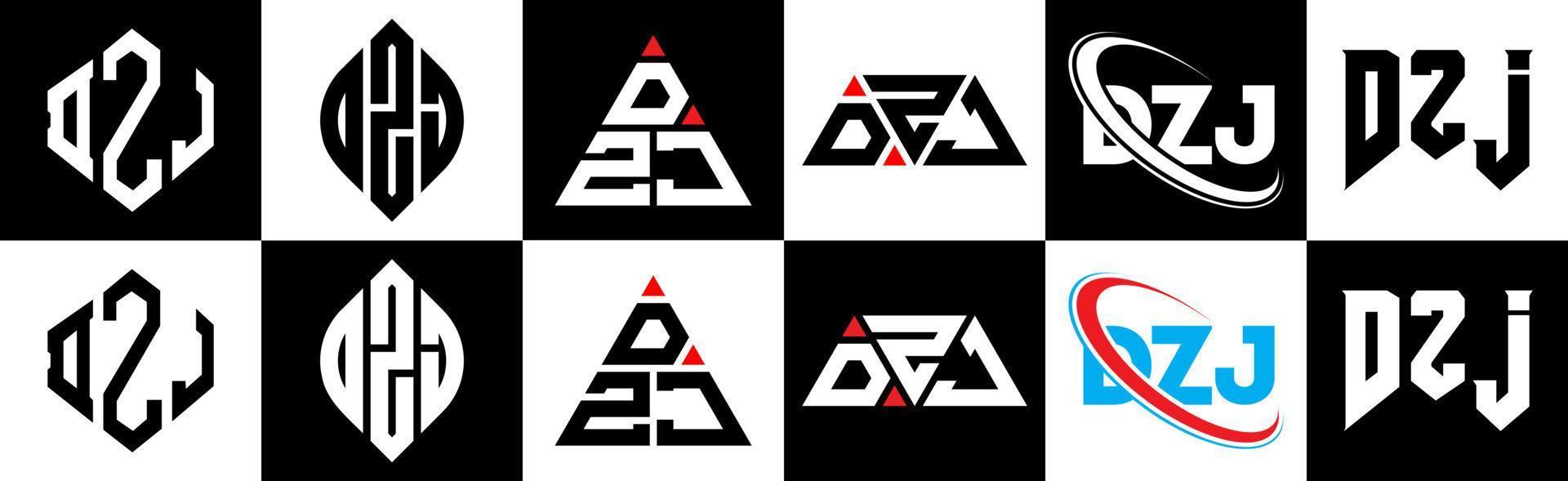 dzj brief logo ontwerp in zes stijl. dzj veelhoek, cirkel, driehoek, zeshoek, vlak en gemakkelijk stijl met zwart en wit kleur variatie brief logo reeks in een tekengebied. dzj minimalistische en klassiek logo vector