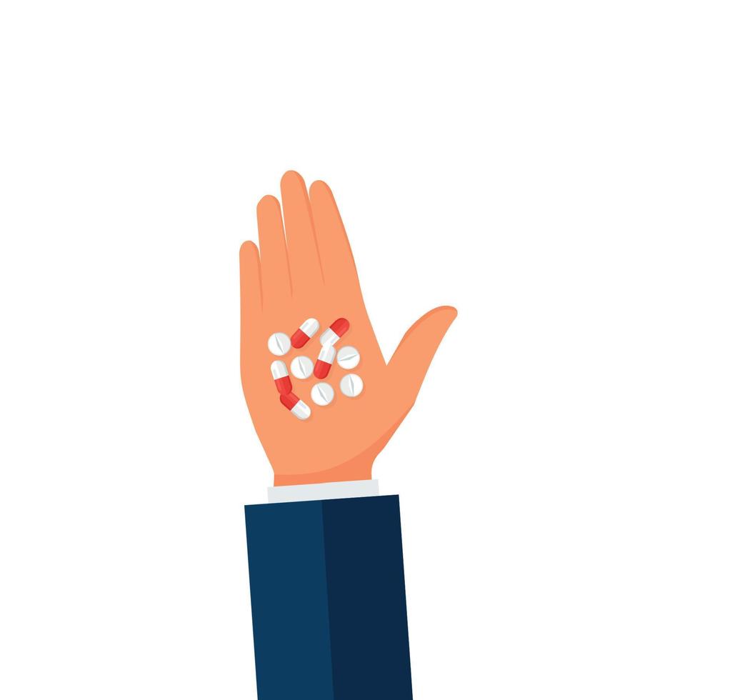 hand- Holding pillen. kleurrijk pillen, drugs, vitamines in hand. gezondheidszorg, coronavirus en geneeskunde concept. hand getekend modern vector illustratie voor web banier, kaart ontwerp.