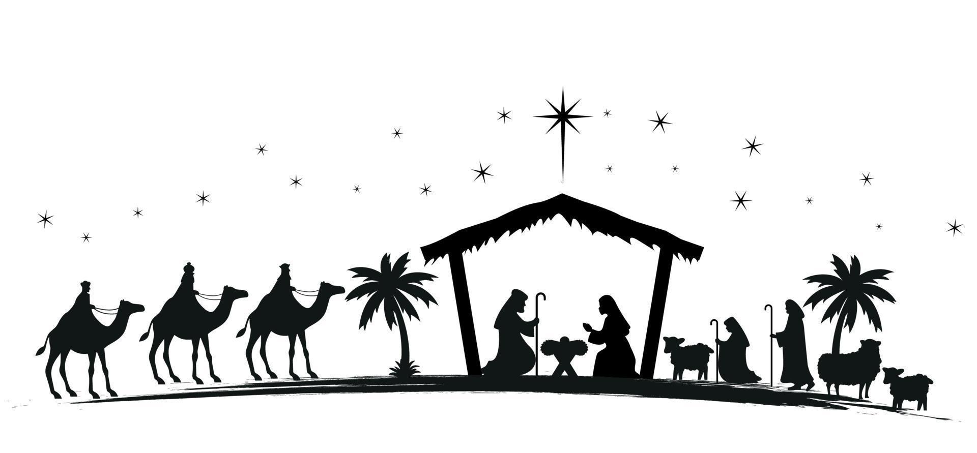 Kerstmis geboorte tafereel met baby Jezus, Maria en Joseph in de kribbe.traditioneel christen Kerstmis verhaal. vector illustratie voor kinderen. eps 10