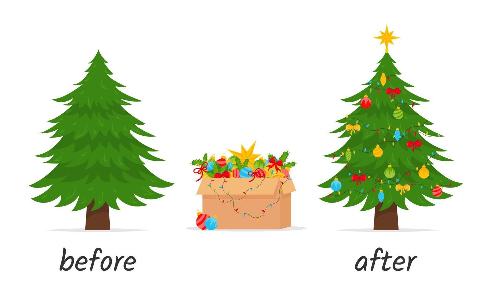 Kerstmis boom voordat en na decoratie. sieraden doos. vector illustratie.