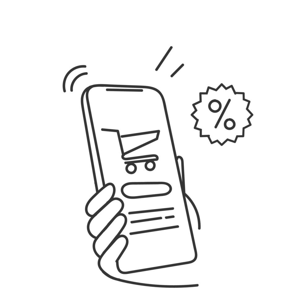 hand- getrokken tekening mobiel telefoon met prijs label en boodschappen doen kar illustratie vector