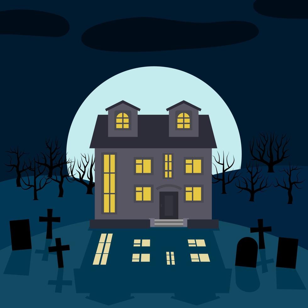 een eenzaam huis Bij nacht in voorkant van de maan. vector achtergrond voor halloween