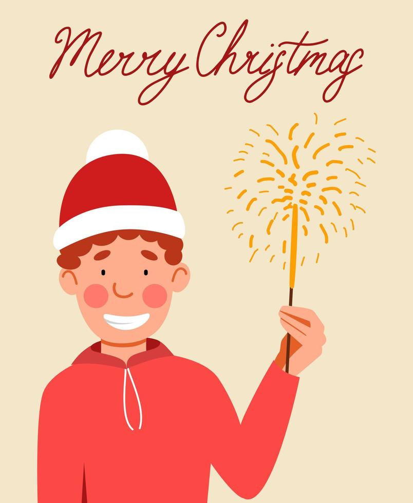 een ansichtkaart met een jongen in een de kerstman claus hoed, Holding een sterretje in zijn hand- vector