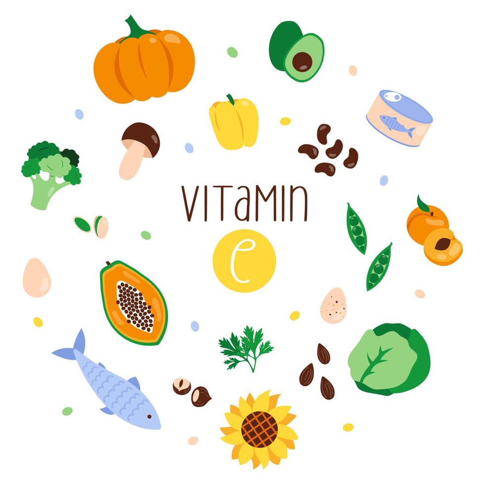 verzameling van vitamine e bronnen. evenwichtig gezond voedsel. vlak vector illustratie.