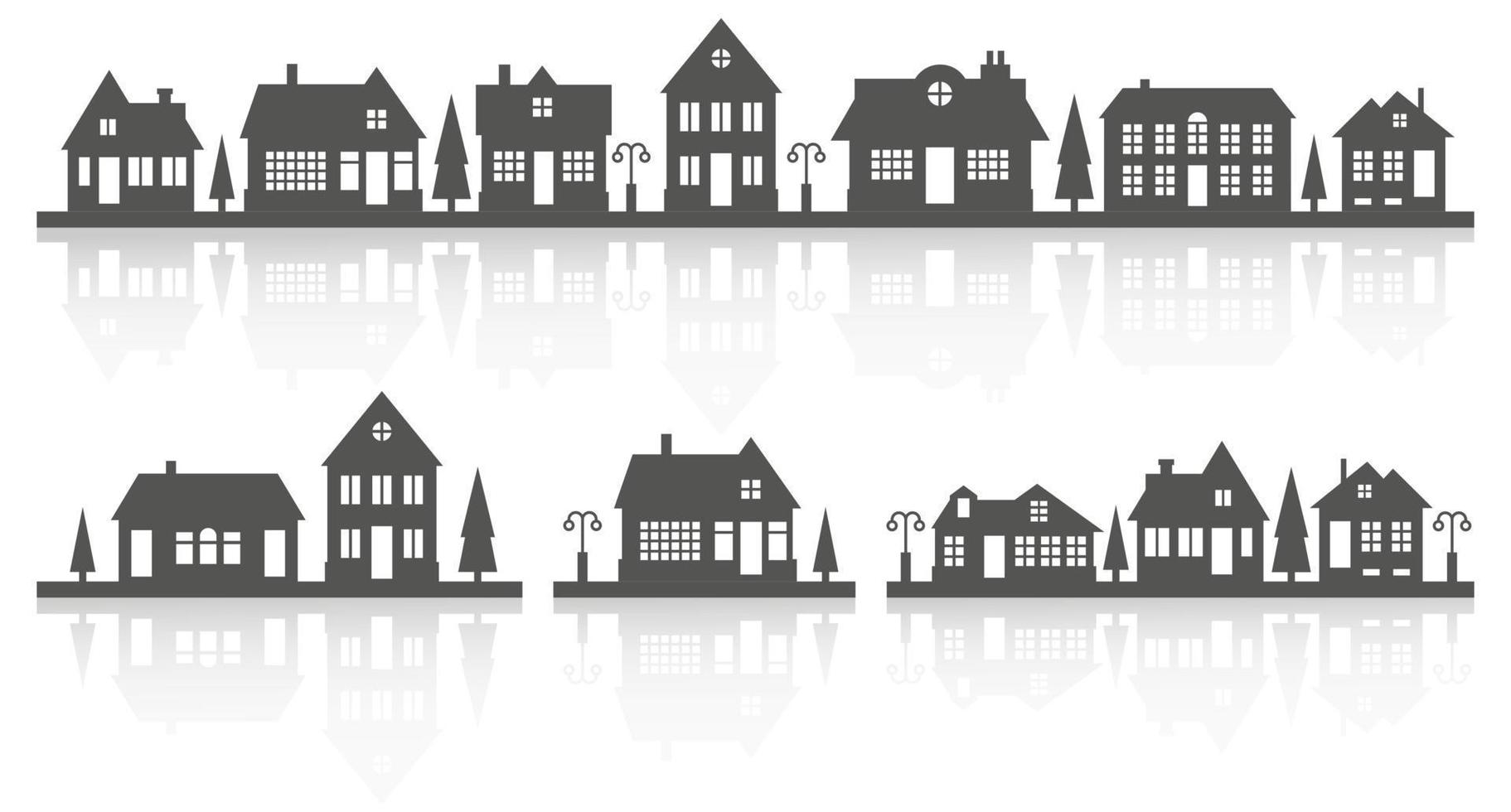 silhouet van huizen Aan de horizon. buitenwijk buurt landschap. platteland huisje huizen met reflectie. glyph vector illustratie.