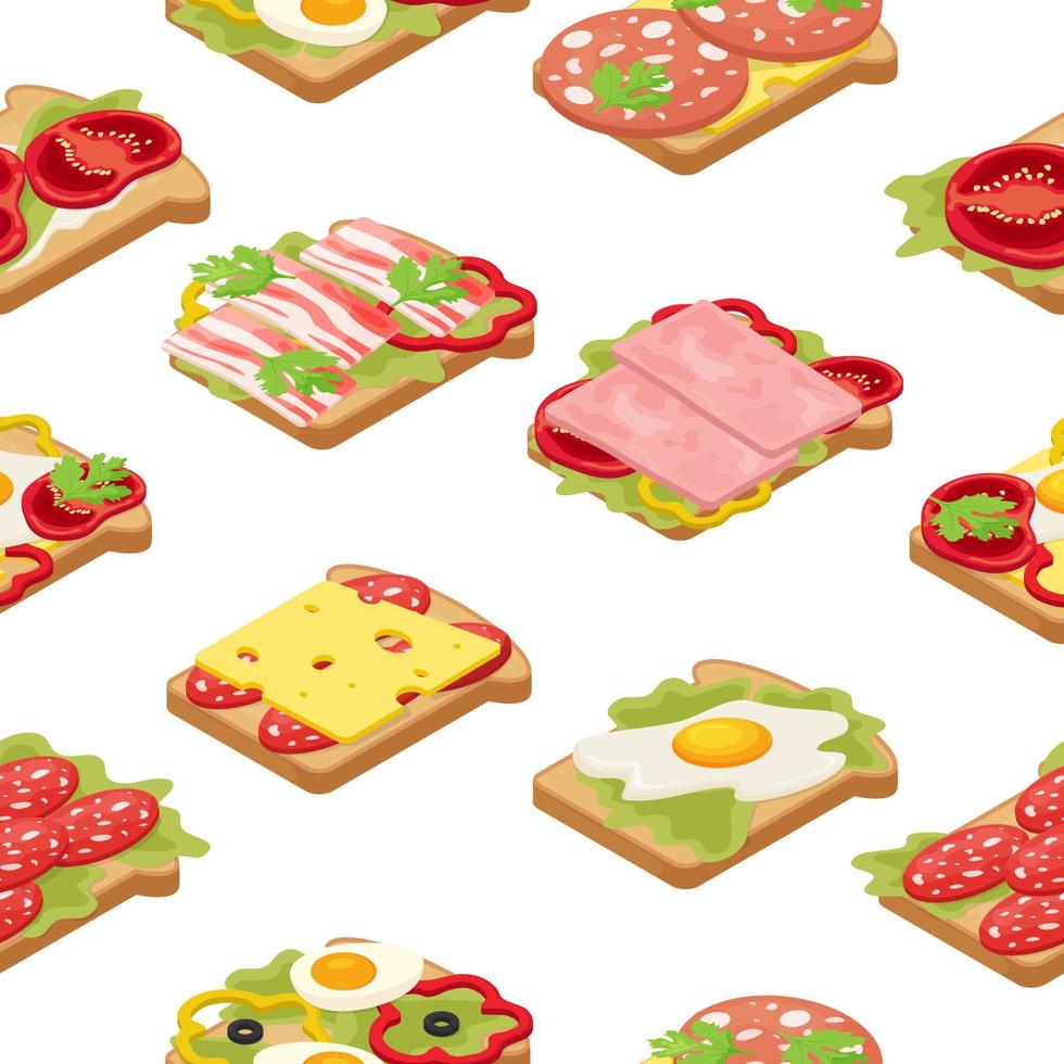 een naadloos patroon van heerlijk ontbijt toast.gebakken stukken van brood met worst, kaas, eieren, spek en ham met tomaten.voedsel voor ontbijt, voedsel voor lunch, eten voor diner. vector