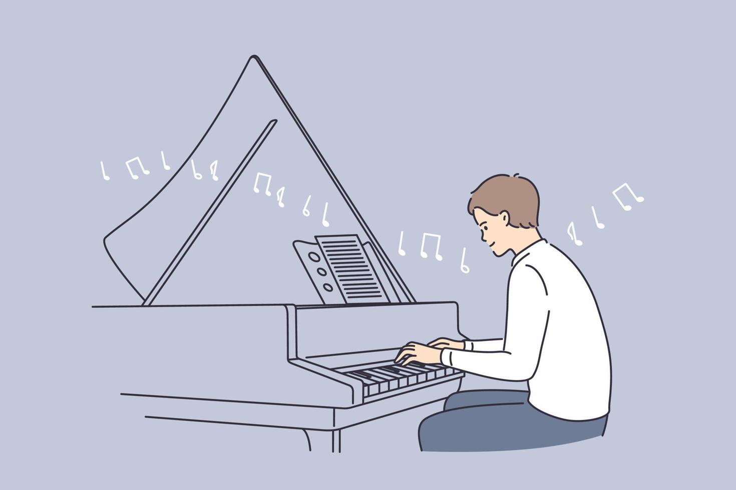 professioneel musicus en musical onderwijs concept. jong glimlachen Mens pianist tekenfilm karakter zittend spelen piano melodie met aantekeningen vector illustratie