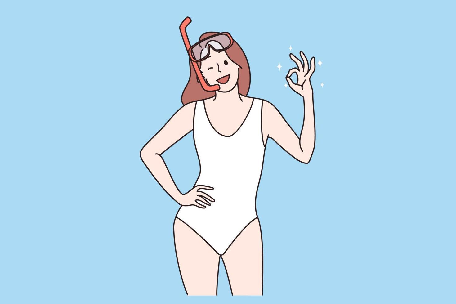 snorkelen en zomer strand water activiteiten concept. glimlachen jong vrouw of meisje staand in water masker tonen OK teken genieten van vakanties vector illustratie