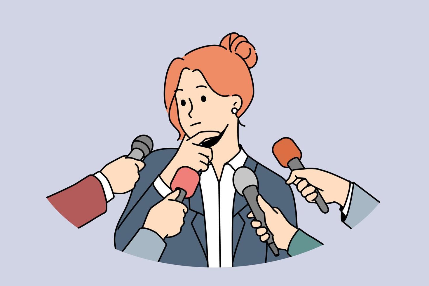 nadenkend vrouw politicus denken pratend met verslaggevers of journalisten. vrouw spreker hebben interview spreken in microfoons Bij conferentie. vector illustratie.