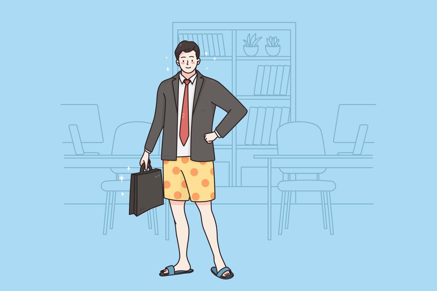 dromen van vakantie concept. jong glimlachen positief zakenman tekenfilm karakter staand in jasje in shorts met koffer dromen van rust uit en vakantie vector illustratie