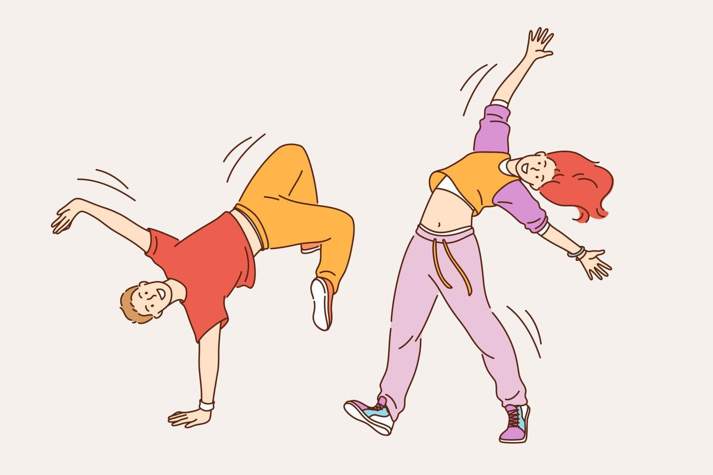 gevoel positief en dansen concept. jong glimlachen vrolijk meisje en jongen in elegant helder kleren dansen modern dansen gevoel gelukkig in beweging lichaam vector illustratie