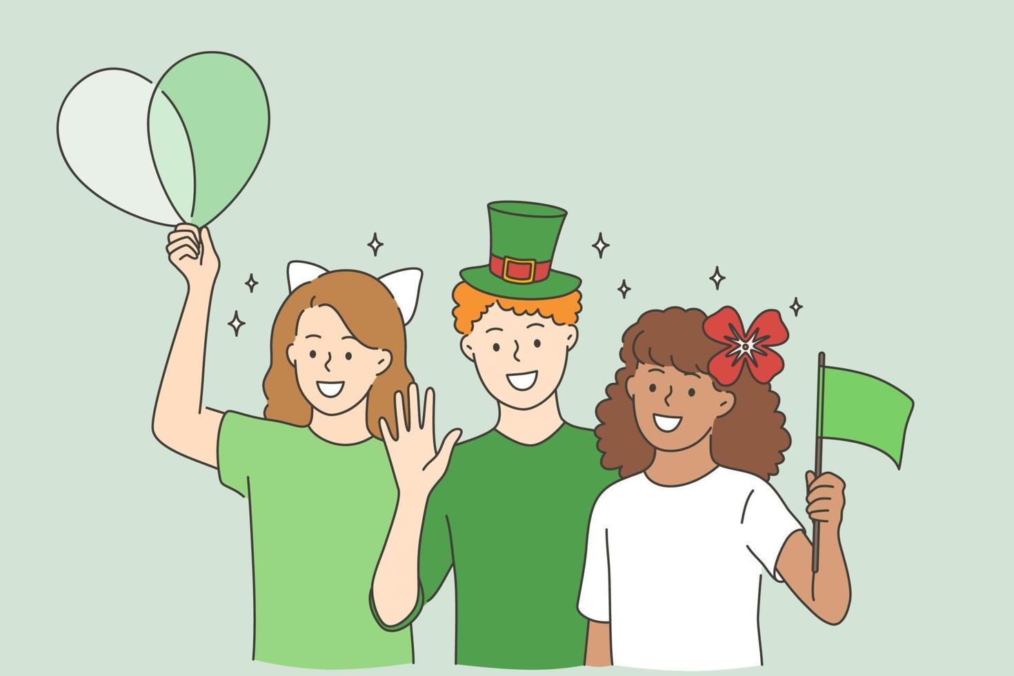 vieren heilige Patrick dag concept. groep van vrolijk glimlachen kinderen vrienden in groen kostuums staand met vlaggen en ballonnen vieren vakantie vector illustratie