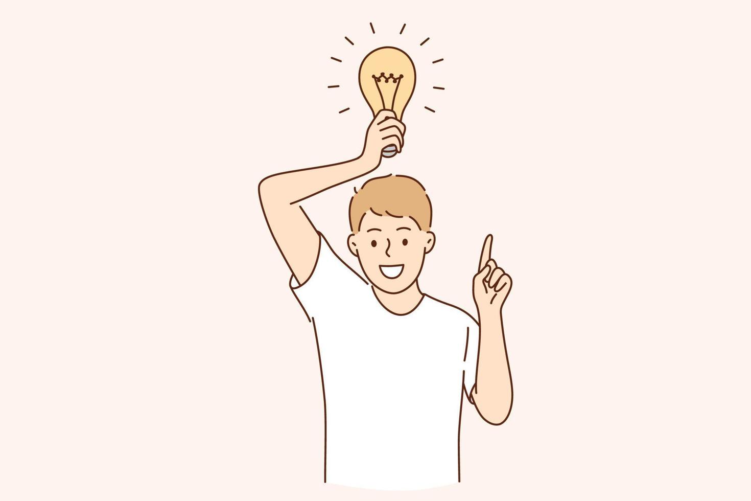 hebben bedrijf idee en innovatie concept. jong Kaukasisch positief Mens tekenfilm karakter staand met licht lamp bovenstaand gevoel opgewonden vector illustratie