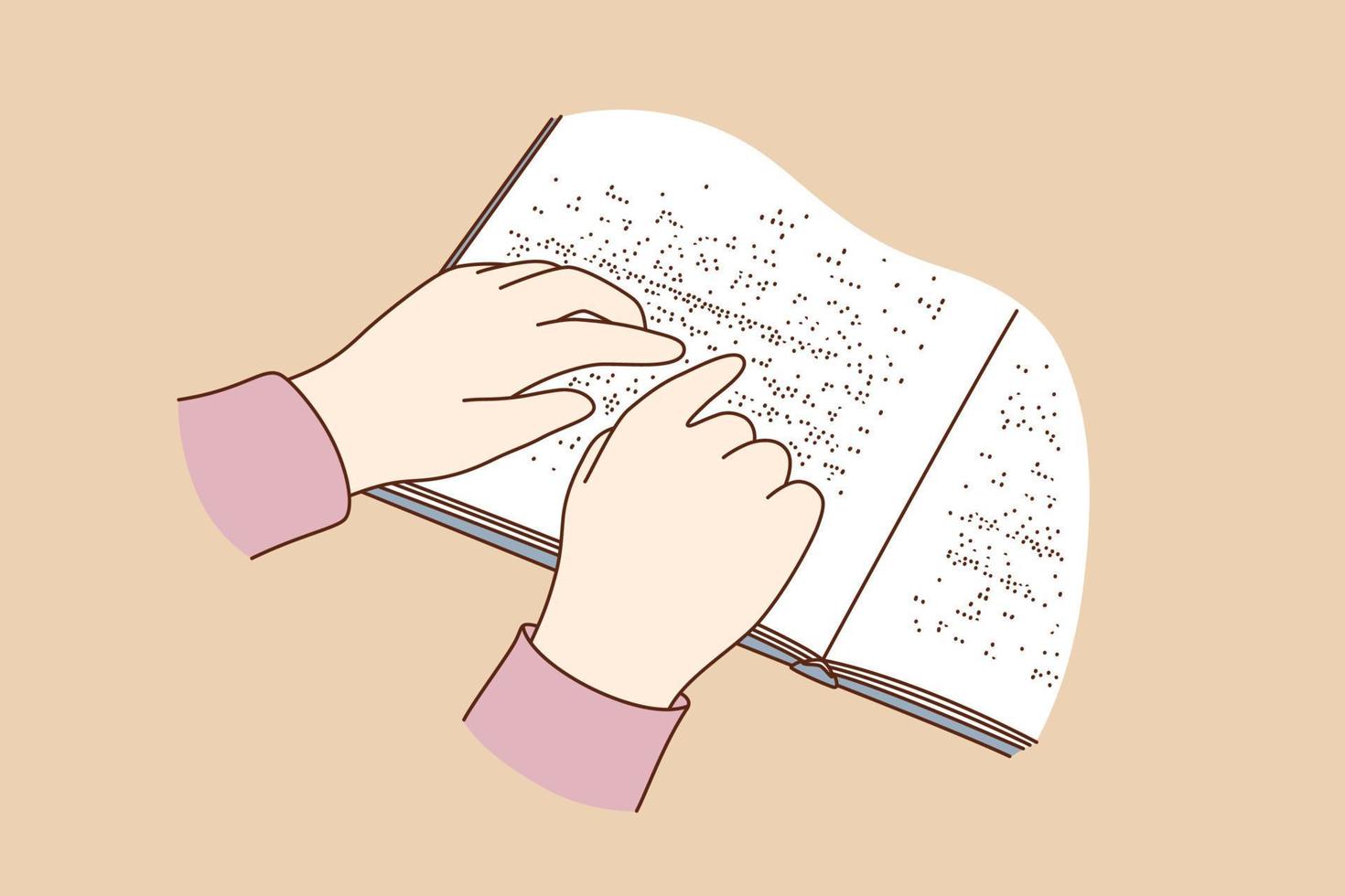 Blind mensen lezing boeken concept. menselijk handen lezing boek verhaal Aan papier geschreven in braille, detailopname over- beige achtergrond vector illustratie