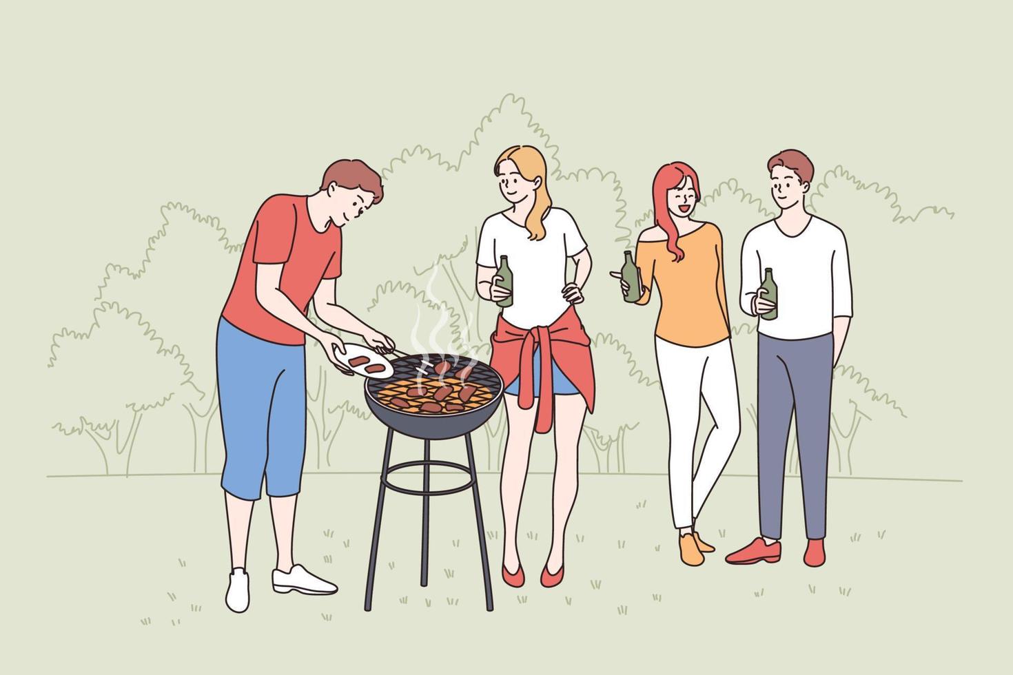 hebben picknick en barbecue concept. groep van jong gelukkig glimlachen vrienden mensen staand chatten hebben bbq partij met drankjes buitenshuis Aan natuur vector illustratie