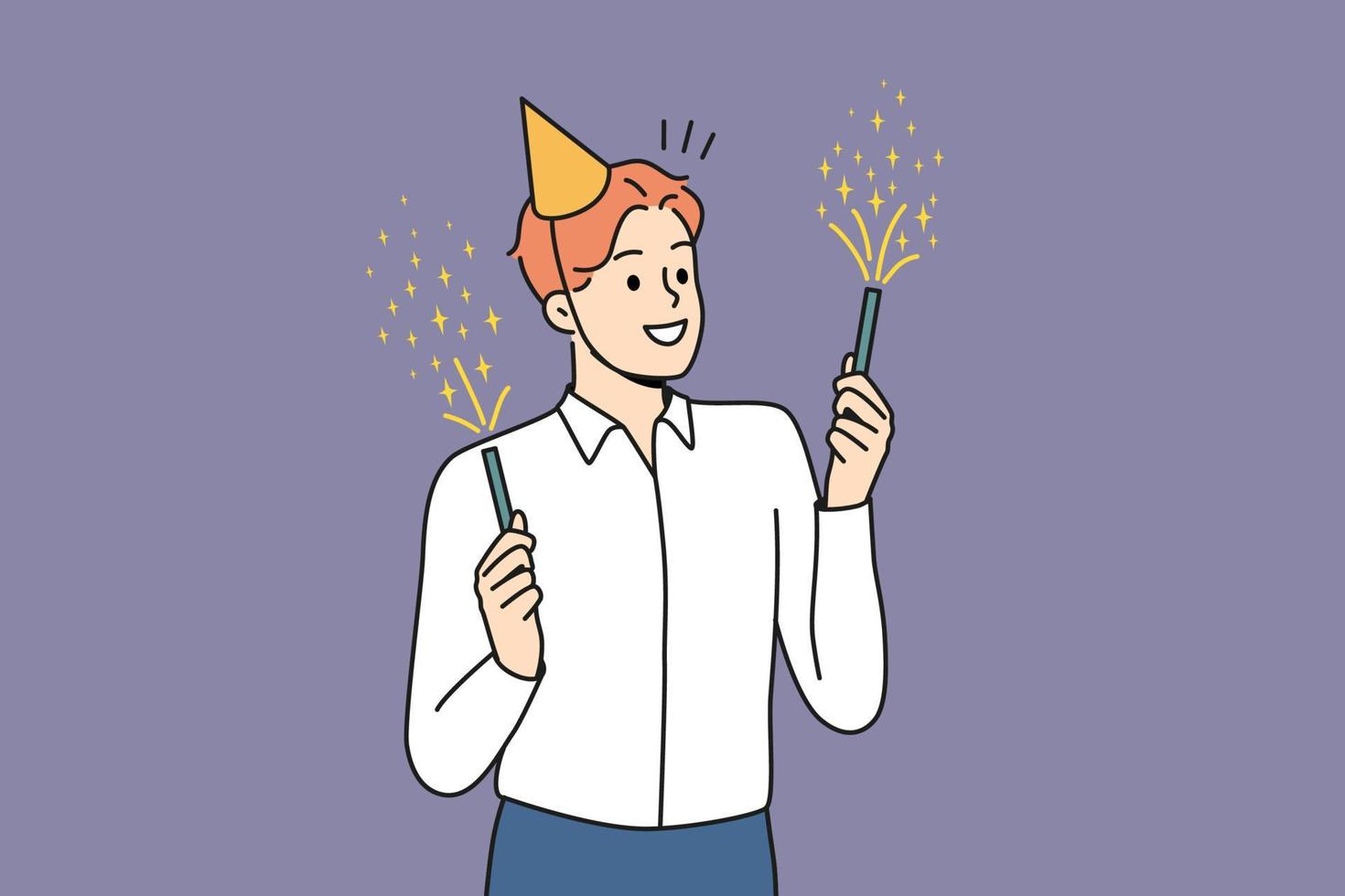 glimlachen jong Mens in verjaardag hoed Holding sterretjes vieren. gelukkig zakenman hebben pret genieten vuurwerk Bij feest. vector illustratie.
