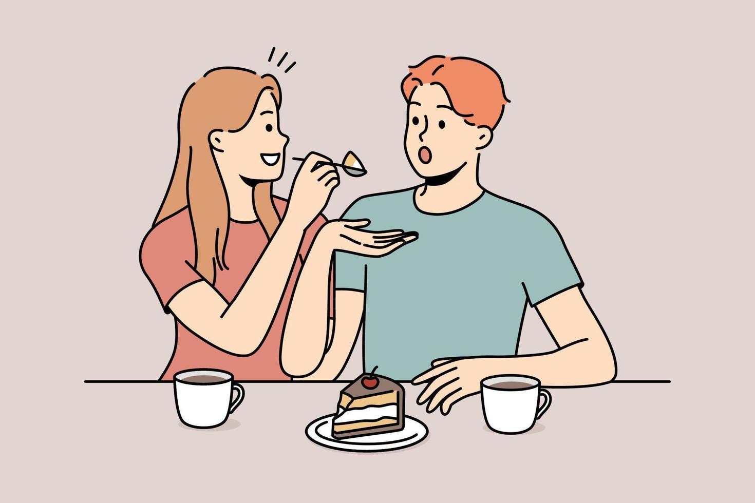 gelukkig paar aan het eten taart samen. glimlachen vrouw voeden Mens heerlijk toetje drinken thee. vector illustratie.