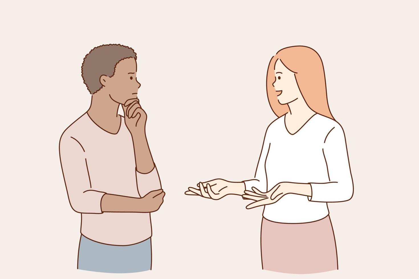 communicatie en pratend concept. jong paar van gemengd ras vrouw en Mens staand en pratend bespreken dingen chatten over problemen communiceren vector illustratie